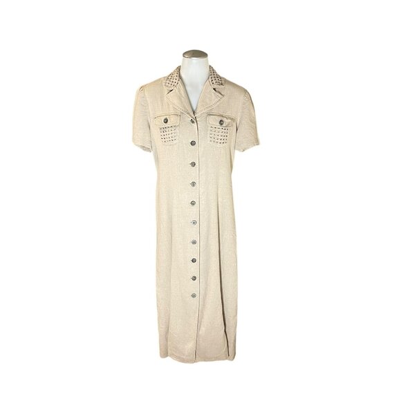 John Roberts Beige Button-Down Midi Dress Size 10 Linen/Rayon Blend Woven Trim S - Picture 15 of 15